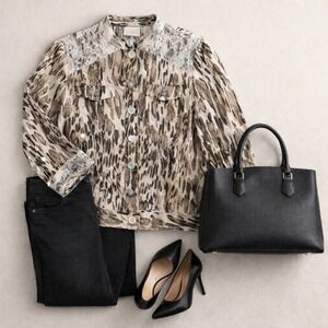 Chicos Animal Print Lace Trim Jacket Blazer Neutral Leopard Button Front 0/SML/4
